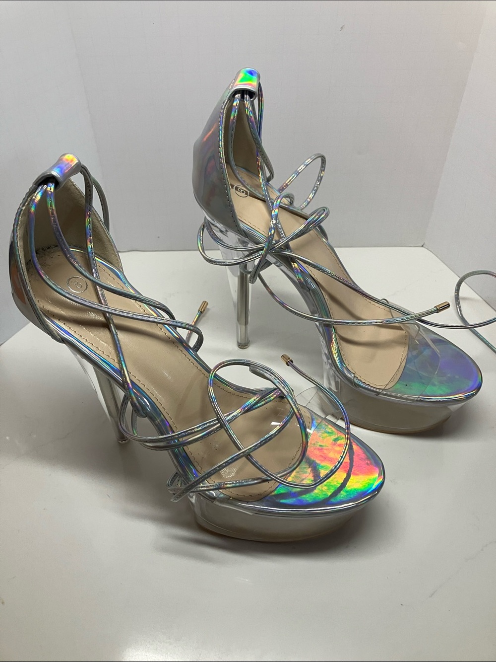 Iridescent Strappy Platform Stiletto Heels - Silver Holographic